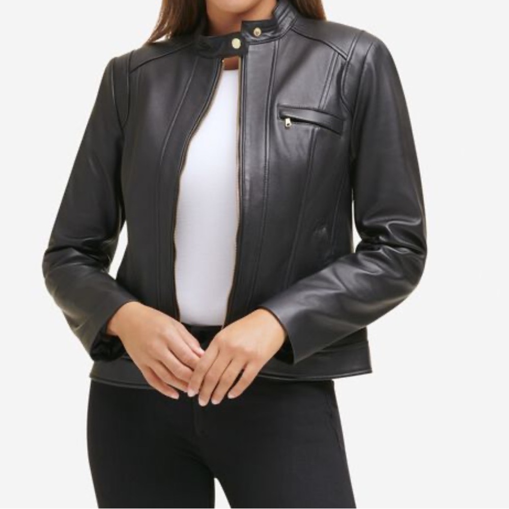 Black Cole Haan lambskin leather cafe racer style jacket